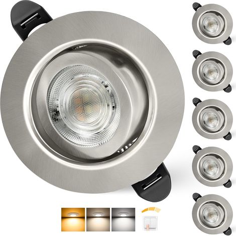Spot LED Encastrable 230V Dimmable 68mm 5.5W IP44 45° Rotatif Extra Plat Spots de Plafond Blanc Chaud Blanc Neutre Blanc Froid Spot Salle de Bain, Nickel Brossé Lot de 6 (1/5)