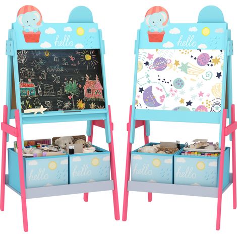 Doppelseitige Kinderstaffelei mit 2 Stoffboxen, Malstaffelei mit Tiermotiven für Kinder, blau (1/5)