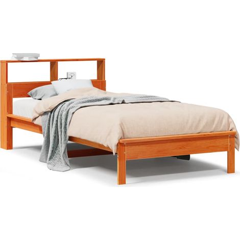 Lit simple  Lit adulte  Lit bibliothèque sans matelas cire marron 90x190 cm pin massif
