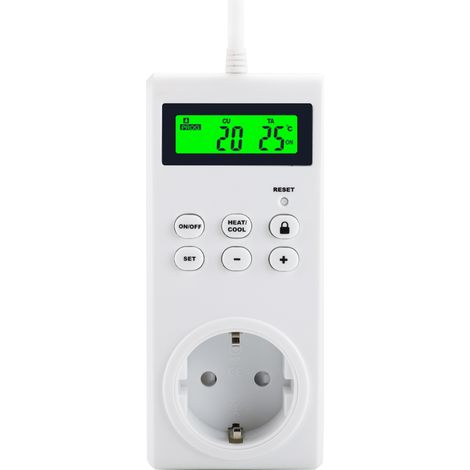 Termostato enchufable programable con pantalla LCD retroiluminada, control preciso de 0 a 60 °C, modos de calefacción y refrigeración. (1/5)
