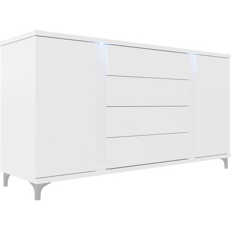 Cómoda Florem, Blanco + Blanco brillante, Con cajones y puertas, Número de cajones: 4, 88x180x40cm, LED