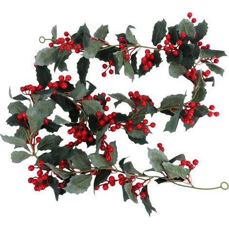 Vigne de Noël Holly Berry réaliste en plastique artificiel pour décoration de vacances feuille vert foncé 175 cm (1/5)