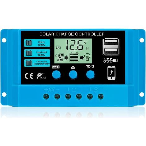Contrôleur de Charge 30A 12V/24V Régulateur de Charge Panneau Solaire Intelligent avec écran LCD et Port 5V/3A USB Convient à Différents Types de Batteries Facile à Utiliser (1/5)