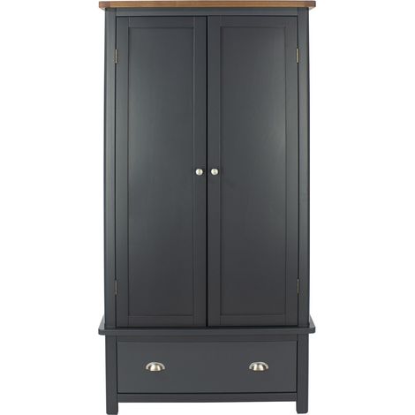 2 Door, 1 Drawer Wardrobe - Hardwood/Softwood/MDF - 90 x 55 x 190 cm - Midnight Blue/Antique Oak Effect Wax (1/4)