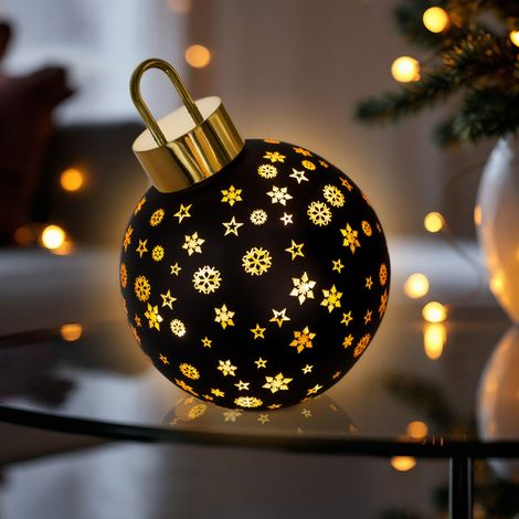 LED Weihnachtskugel zum Stellen matt schwarz mit Timer Batterie betrieben - 15 cm - Glas Kugel warm weiß beleuchtet 1 Stück Zufallsmotiv