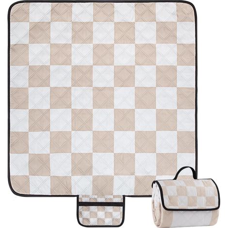 Picknickdecke 200x200cm wasserdicht, sandfrei, tragbar, Khaki Schachbrett (1/5)