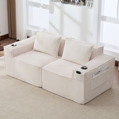 Divano modulare 188/90/75 cm in tessuto corda beige con portabicchieri e tasche laterali (1/5)