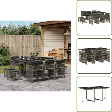 The Living Store Ensemble à manger de jardin 11pcs avec coussins gris poly rotin - Salon De Jardin - Meuble De Jardin - Set De Jardin - Résine Tressée - Poly Rotin
