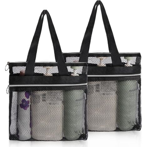 Lot de 2 Sac de Douche en Maille, 24 x 25 cm Filet Portable Transparent avec Fermeture Éclair, Grande Capacité Pochettes pour Piscine, Voyage, Plage, Fitness et Natation (Noir) (1/5)