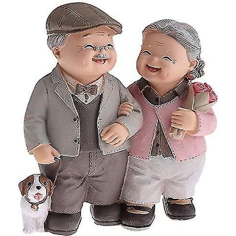Figuren aus Kunstharz, die ein verliebtes älteres Paar darstellen, ein Geburtstags- oder Hochzeitsgeschenk für Großeltern und Eltern (beim Gassigehen mit dem Hund). (1/4)