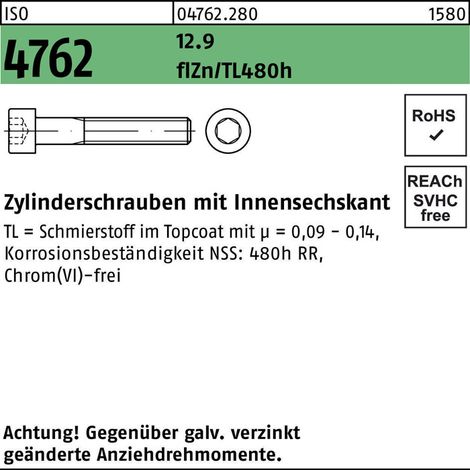 Zylinderschraube ISO 4762 m.Innensechskant M 6 x 3012.9 zinkbesch Gleitmittel flZnnc 480h-L 500 Stück
