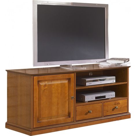 Beaux Meubles Pas Chers – Meuble TV merisier 60 pouces sur roulettes – 1 porte, 2 tiroirs – Dimensions L 134.9 x H 58.7 x P 46.5 cm – Fabriqué en France (1/5)