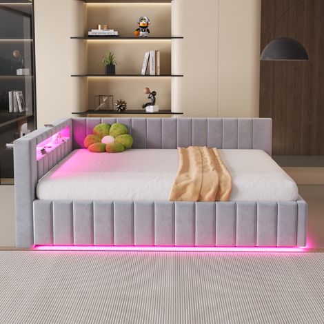 Canapé convertible rembourré 140x200cm, coffre de rangement hydraulique, éclairage LED, port USB, dossier et tête de lit renforcés, revêtement velours gris clair, ex-référence LDU00361AAG (1/5)