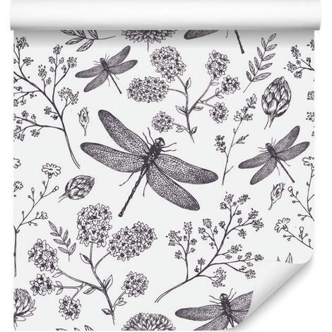 Papel pintado de mariposas, plantas y flores para salón y dormitorio, 50x1000 cm. (1/5)
