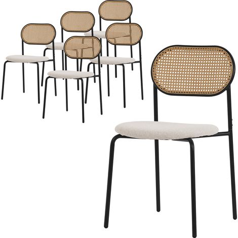 ML-Design Set di 6 Sedie per Sala Pranzo Beige, Telaio in Acciaio con Schienale in Rattan, Gambe con Protezione per Pavimento, Seduta Confortevole Imbottita, Poltroncina, Sedia Ergonomica per Cucina