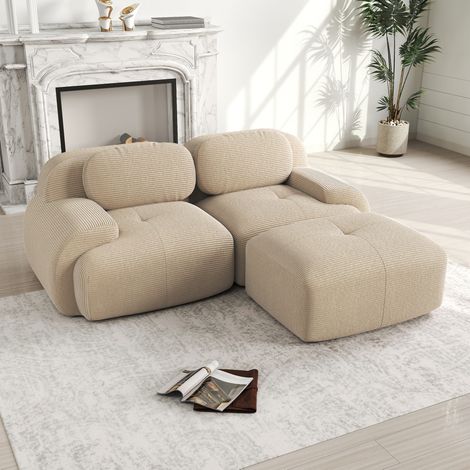 Sofá esquinero modular (208x178x70 cm), sin montaje, con reposabrazos curvos, espuma 32D, corduroy beige (1/5)
