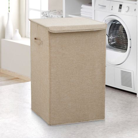 Cesto portabiancheria pieghevole, Ultrixe Cesto portabiancheria con coperchio e manici, 67L, Organizer per camera da letto, bagno, cameretta dei bambini - Beige