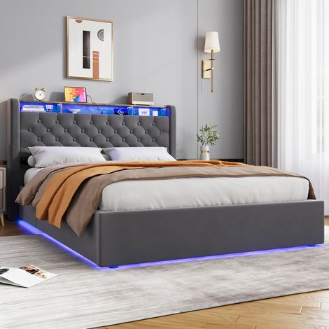 Lit tapissé 140x190 cm, Velours Holland, Rangement hydraulique, LED et ports USB, Tablette de tête, Gris (1/5)