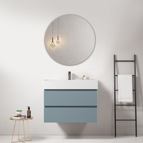 Mobile bagno sospeso cannettato 80 cm Blu Avio Lavabo in Resina Specchio Tondo - Fiji Paint (1/4)