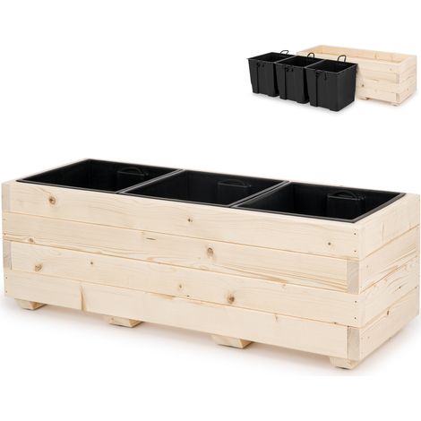 Blumenkasten aus Holz mit drei herausnehmbaren Einsätzen, ideal für Balkon, Garten oder Terrasse, 91 x 33 x 32 cm – Naturholz (1/5)
