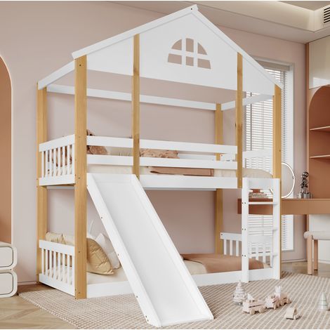 Etagenbett 90/200 cm weiß/natur aus Massivholz und MDF mit Rutsche und austauschbarer Treppe (1/5)