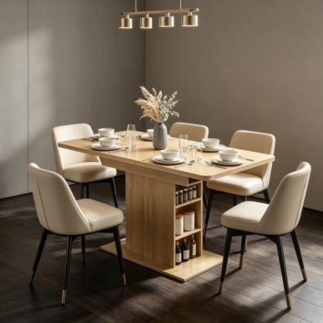 Table de salle à manger rectangulaire extensible (pour 4 à 6 personnes) ou table de cuisine (longueur 110–130 cm) dotée de 6 niches de rangement ouvertes. (1/5)