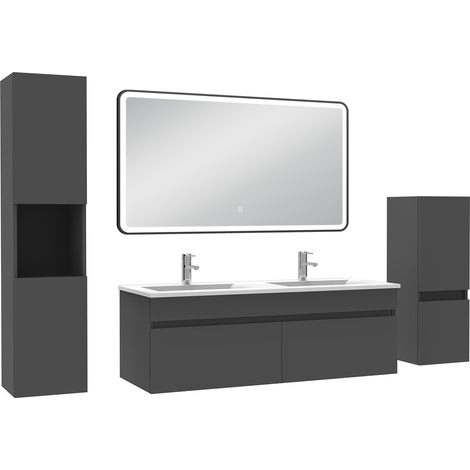 Océan Meuble double vasque 120cm avec colonne + miroir lumineux 3 couleurs + dimmable anthracite (1/5)