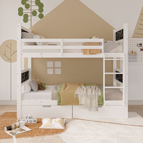 Letto a castello per bambini 90x200cm, con 2 cassetti, barriera di sicurezza anticaduta, 2 lavagne, 2 letti, rete a doghe, sfoderabile, letto per ragazzi, struttura letto in pino, Bianco (1/5)