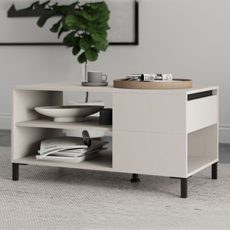 Mesa de Centro Salentina, un Cajón, con Patas, 3 Compartimentos, 102x55x52h cm Blanco Crema (1/5)