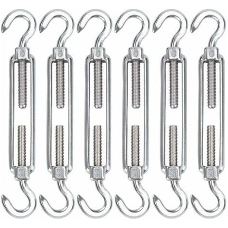 QORVA-M5 Tendeur Cable Acier Inoxydable, Lot de 6 Tendeur de Fil Crochet et Crochet Réglable Heavy Duty Tension Hook & Hook pour Corde Cable Fil à Linge, Grillagefor Sun Shade Installation