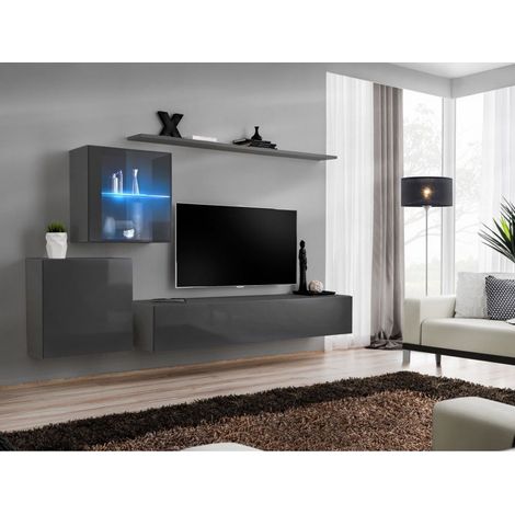Ensemble mural - Switch XV - 2 vitrines - 1 banc TV - 2 étagères - Graphite - Livraison gratuite