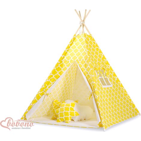 Tipi pour enfants + tapis + oreillers + pendentifs en plumes - Jaune Maroc (1/5)