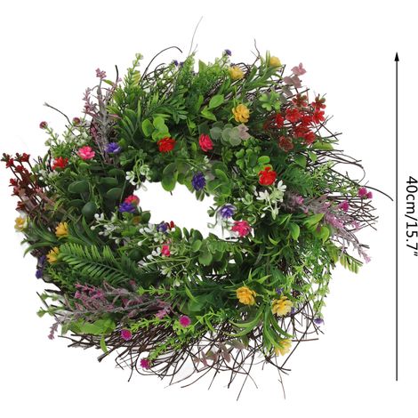 Couronne de fleurs sauvages multicolores printemps-été, fleurs séchées artificielles pour porte d'entrée, 40 cm, lot de 1 pièce en sachet (1/5)