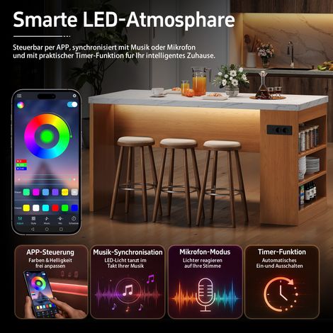 Îlot de cuisine 155 x 80 x 90 cm avec éclairage LED et prises électriques, plan de travail de 40 mm, 2 prises secteur + 2 ports USB, 3 étagères ouvertes, îlot moderne pour cuisine et salle à manger. (1/4)