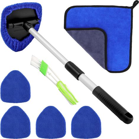 Nettoyage Pare Brise, Nettoyant Pare Brise Interieur avec 5 Tampons, Serviette et Brosse de Sortie D'air, Extensible Brosse de Nettoyage de Pare-Brise, Pivotant à 180 Degrés,Bleu (1/5)
