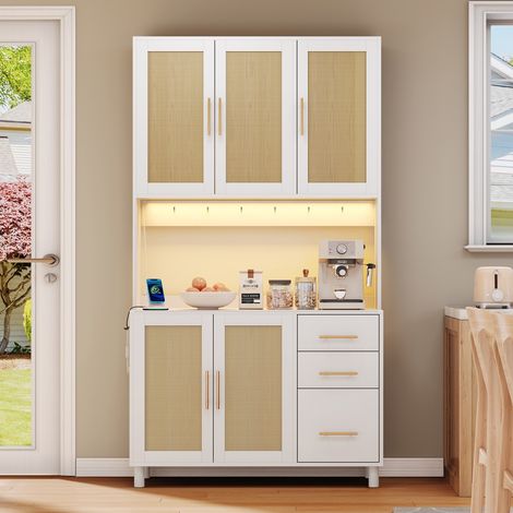Buffet cuisine LED 183cm - Appli + 2USB/2prises - 3 tiroirs & étagères réglables - Poignées or - Salon/salle à manger - Blanc (1/5)