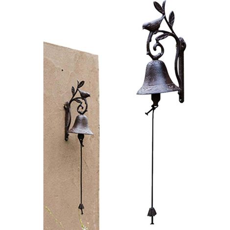 Sonnette de porte rustique vintage en fer forgé avec motif d'oiseau et de branche (noire) (1/5)