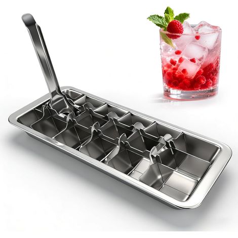 Bac à glaçons en acier inoxydable avec 18 compartiments à glace avec insert de levier, grand bac à glaçons amovible pour cocktail, whisky, jus, thé, café (1/5)