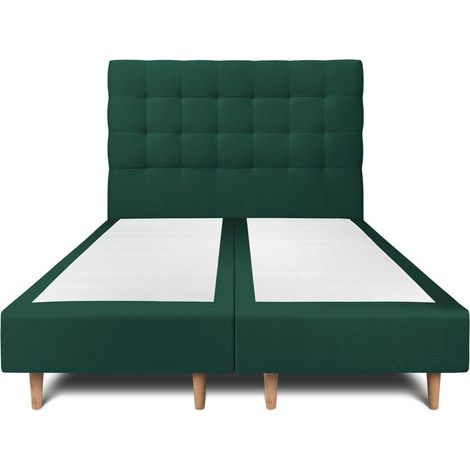 Lit 200x200cm avec tête de lit capitonnée velours et double sommier tapissier vert - Hauteur totale : 35cm (1/5)