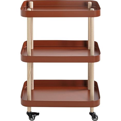 Chariot de service, desserte en bois coloris naturel et métal rouge - longueur 50 x profondeur 30 x hauteur 76 cm (1/5)