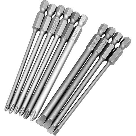 Lot de 10 embouts de tournevis hexagonaux 100 mm extra longs magnétiques cruciformes et fente 1/4" (1/5)