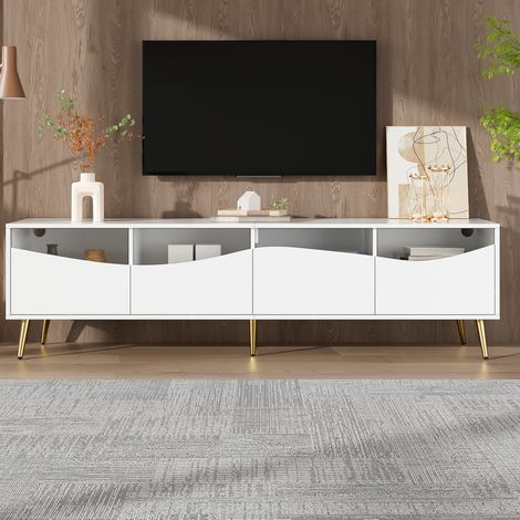 TV-Schrank 180x40x50 cm weiß aus MDF mit Glasfronten, LED-Beleuchtung und Stauraum (1/5)