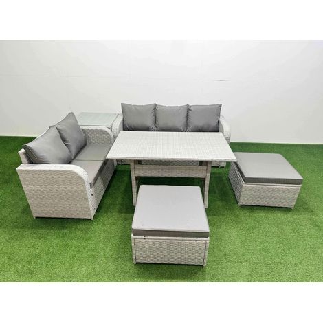 Fimous 7 Seater PE Rattan Wicker Garden Furniture Patio Conservatory Sofa Set with Rectangular Dining Table 3 Seater Sofa Love Sofa 2 Big Footstool Side Table (1/4)