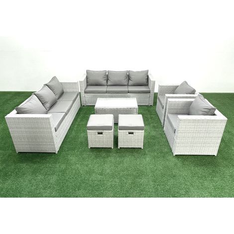 Fimous Outdoor Rattan Sofa Garden Furniture Set with 2 Armchairs Oblong Coffee Table 2 Small Footstools Light Grey Mixed (1/4)