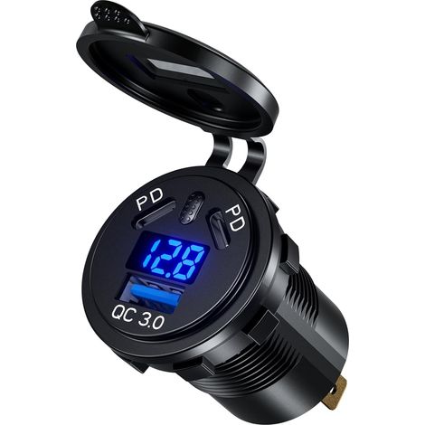 Adaptateur USB pour véhicule 108 W double PD3.0 12 V, double prise USB 45 W PD type C et 18 W QC3.0 pour moto avec interrupteur marche/arrêt et voltmètre, charge rapide étanche pour bateaux, navires, 