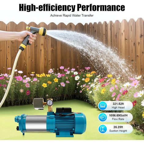 Selbstansaugende Gartenpumpe 1300W Kreiselpumpe mit Druckschalter Hauswasserpumpe für Trinkwasser mit 4000 L/H und Druck 9,8 Bar für Hauswasserwerke (1/5)