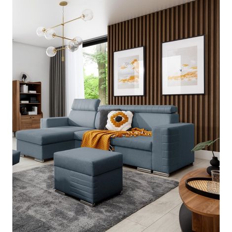 Ecksofa Schlafsofa inkl. Hocker CANTON Stoff Liverpool Azurblau Ottomane Links (1/4)