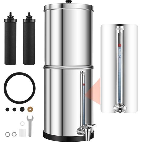 Mophorn Sistema de filtración de agua por gravedad de 5,68 L con nivel visible, fabricado en acero inoxidable, reducir plomo y hasta un 99% de cloro. Incluye 2 filtros de carbón, grifo y soporte (1/5)