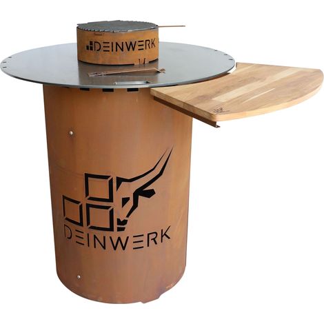 DEINWERK Grillfass-Set Grilltonne aus Corten mit Plancha, Grillrost, Wok-Aufsatz und Anstecktisch (1/5)