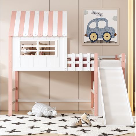 Letto rialzato bambini 90x200 cm a casetta con scala, scivolo di sicurezza e ripiano portaoggetti, in legno, senza materasso, bianco e rosa (1/5)